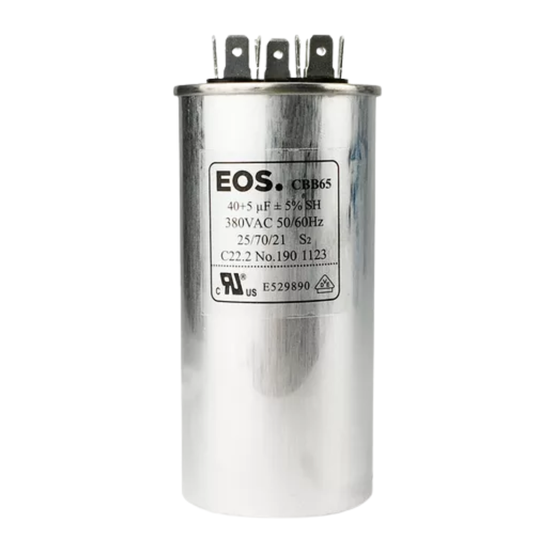Capacitor Duplo 40+5 Mfd 380V com Terminal 50mm X 100mm Corpo Aluminio - EOS