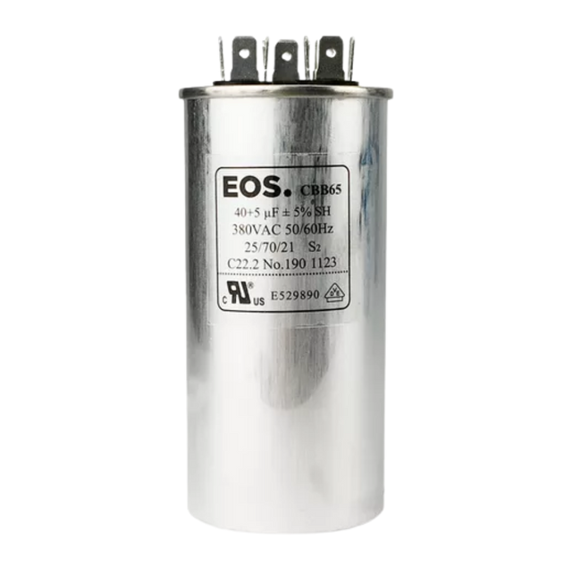 Capacitor Duplo 40+5 Mfd 380V com Terminal 50mm X 100mm Corpo Aluminio - EOS
