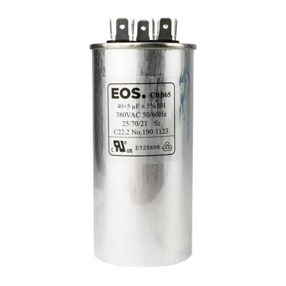 Capacitor Duplo 40+5 Mfd 380V com Terminal 50mm X 100mm Corpo Aluminio - EOS