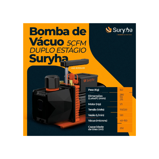 Bomba de Vácuo 5CFM Duplo Estágio - Suryha