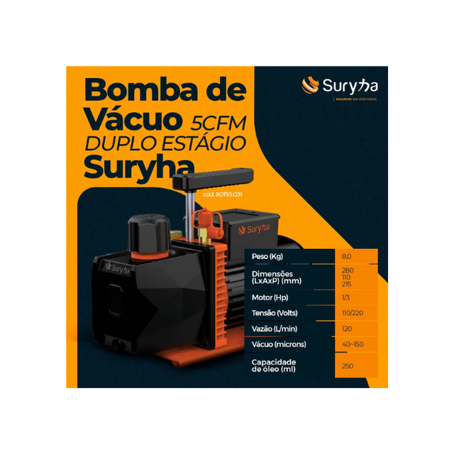 Bomba de Vácuo 5CFM Duplo Estágio - Suryha